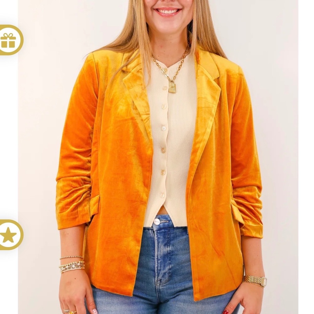 Skies Are Blue Velvet Golden Mustard Open Blazer Bunched Ruched 3/4 Eclectic XL